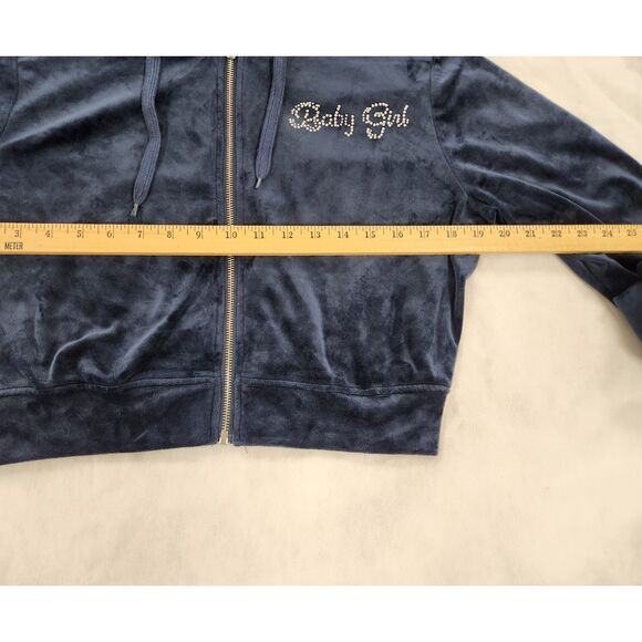 Urban Love Velour Zip Hoodie Jacket Size L Navy Y2K Cropped Rhinestone Lounge - Picture 6 of 9